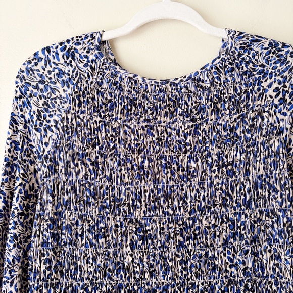 Boden | Smocked Bodice Jersey Dress Leaf Print Long Sleeves Blue Tan Size 8 Long - Picture 4 of 10